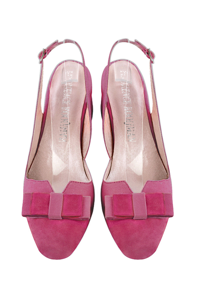 Fuschia pink women's open back shoes, with a knot. Round toe. Low flare heels. Top view - Florence KOOIJMAN